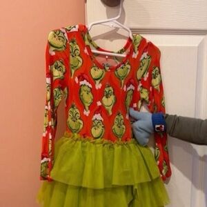 Posh Peanut Red & Green Grinch-Print Tulle Dress